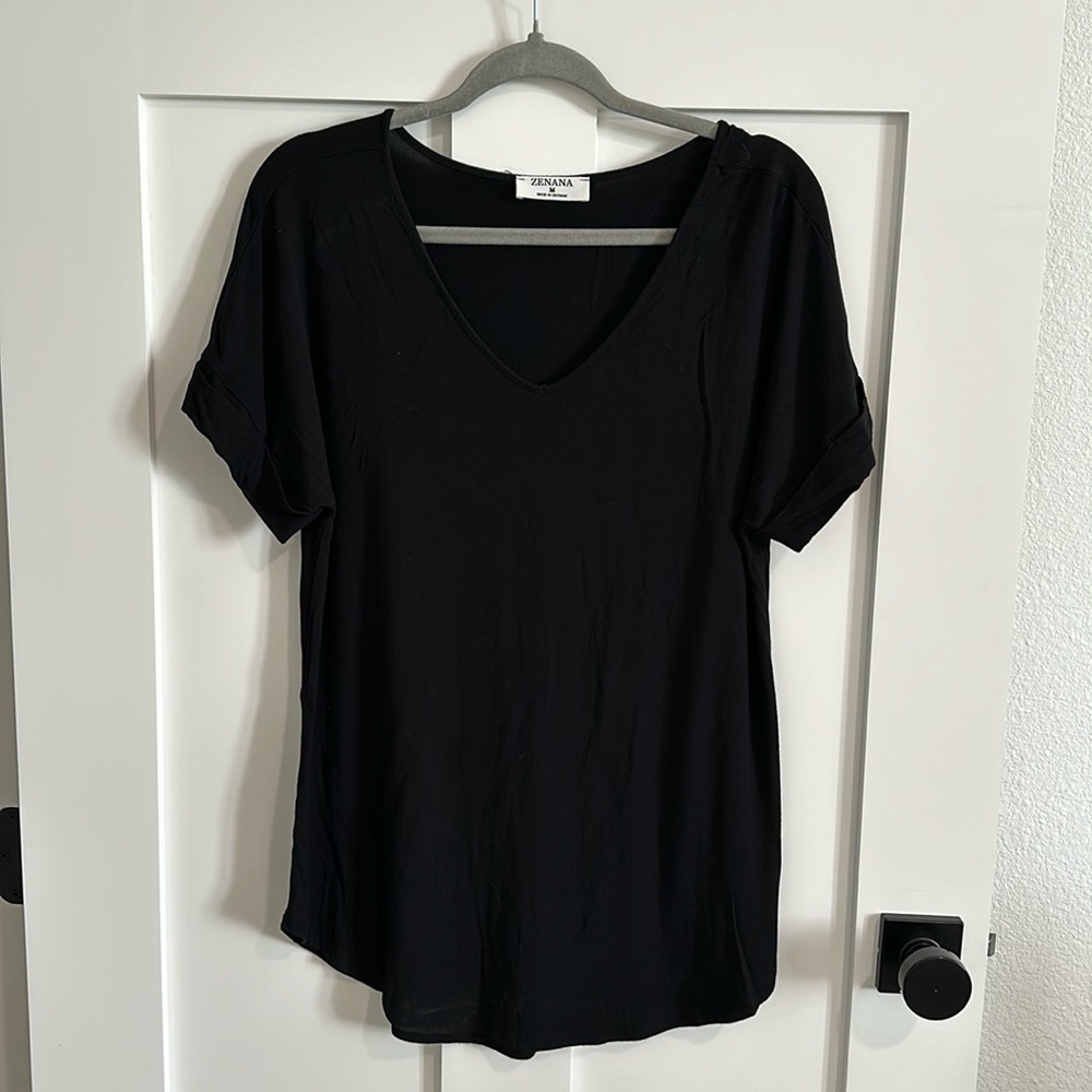 Zenana Women's M Roll Sleeve Tee Shirt Solid Black V-Neck Elevated Basic Casual